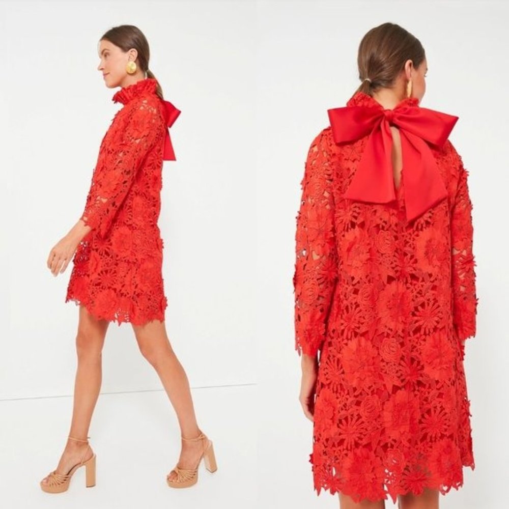 Tuckernuck | NEW Red Guipure Lace Daphne Three-quarter Sleeve Mini Dress Size L - Picture 2 of 12